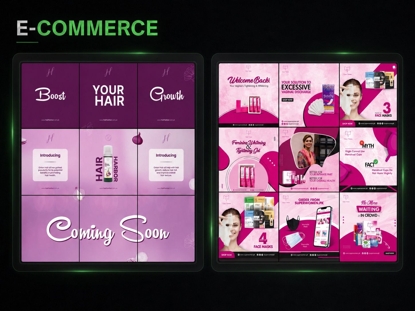 E-commerce social content for Hair Harbor and Superwomen.pk