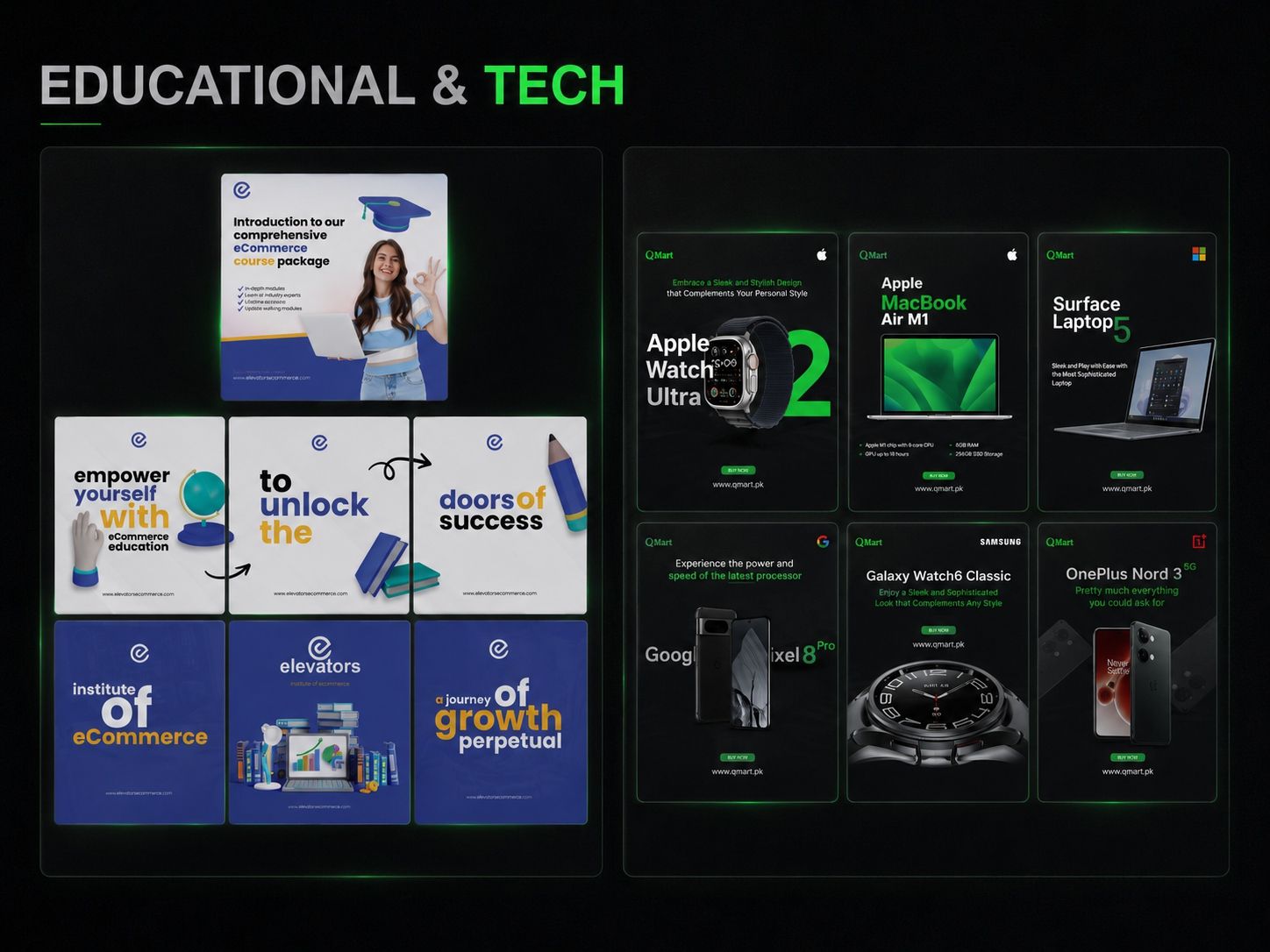 Educational course promo and QMart tech product posts