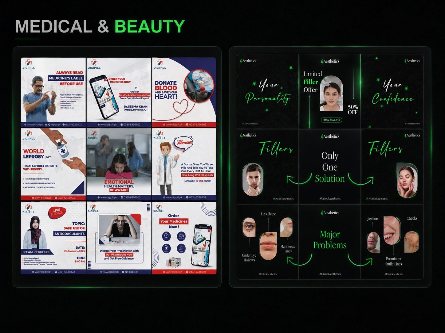Medical and beauty content design for Digipill and Aesthetics