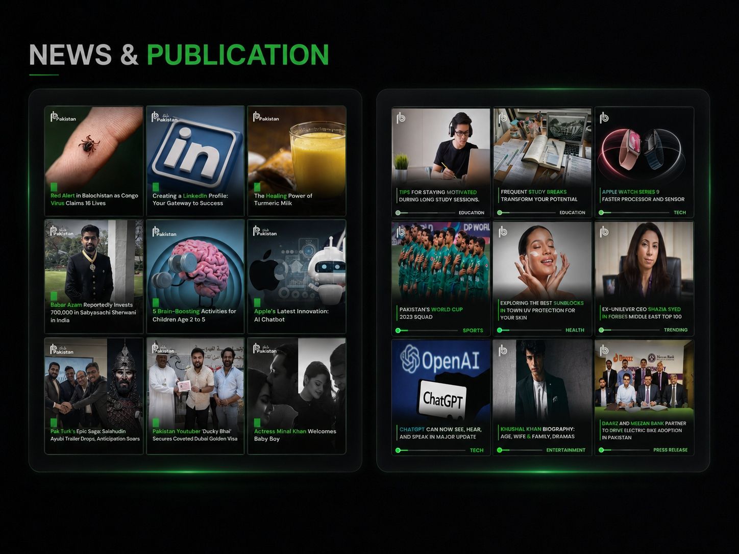 News and publication content cards