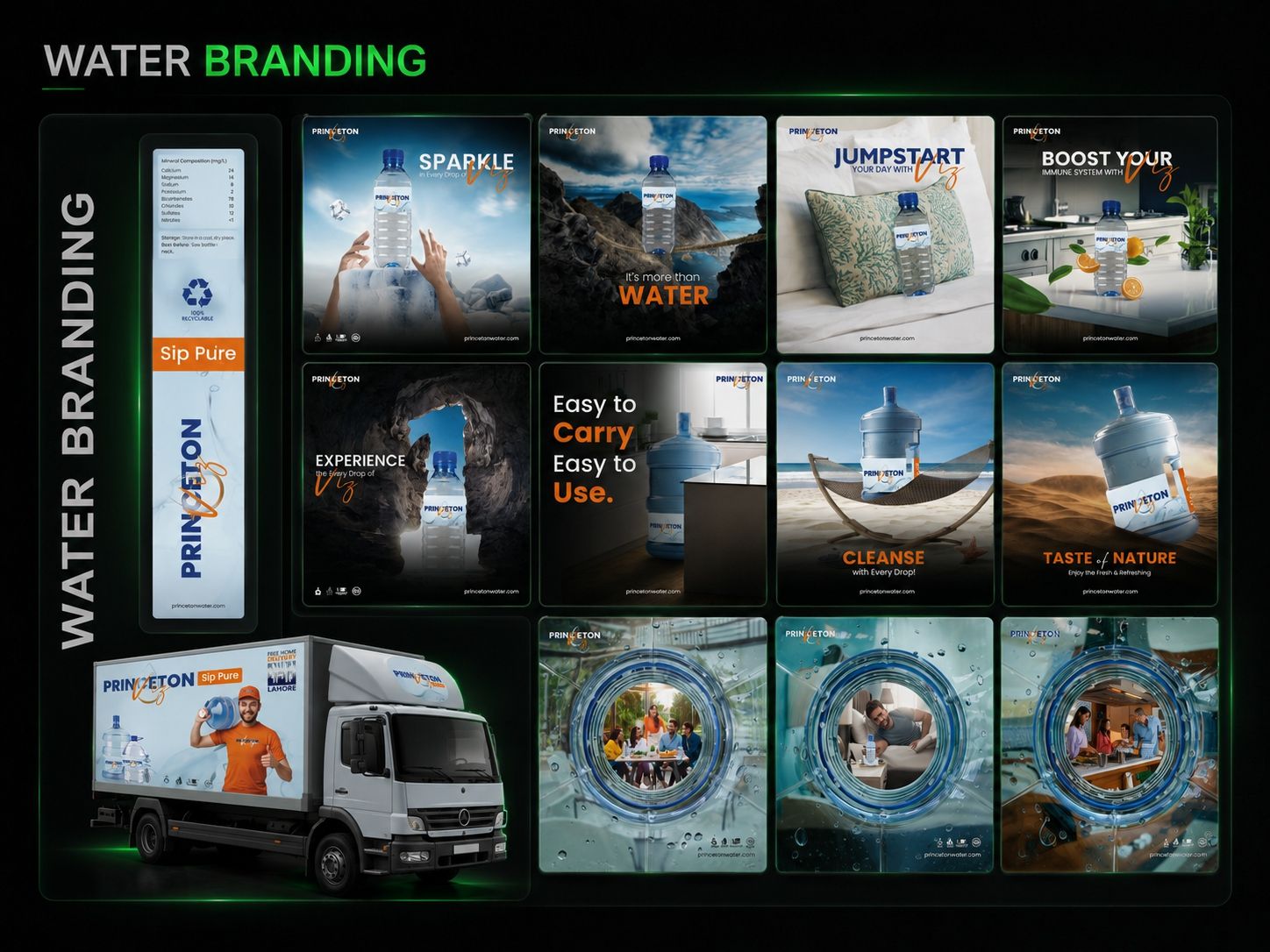 Princeton Water branding — bottle labels, delivery truck, and campaign posts